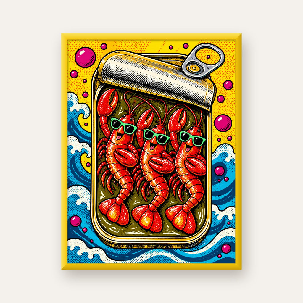 Renkli Pop Art Istakoz Konserve Poster – Eğlenceli Duvar Dekoru — sarı çerçeveli