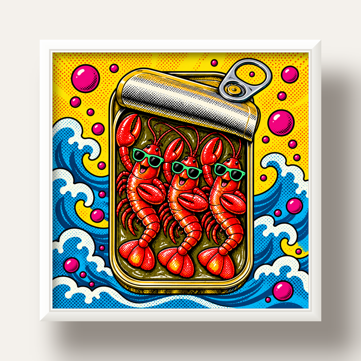 Renkli Pop Art Istakoz Konserve Poster – Eğlenceli Duvar Dekoru — beyaz derin çerçeveli