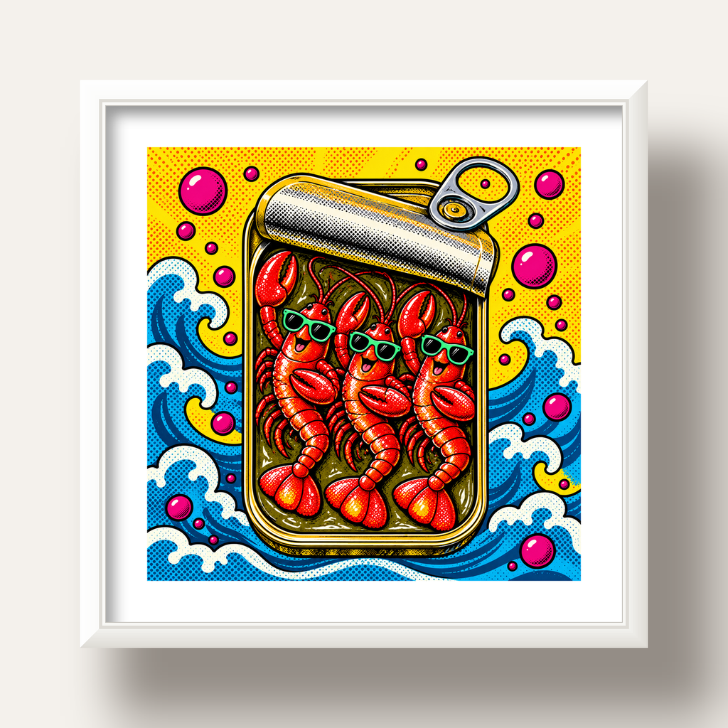Renkli Pop Art Istakoz Konserve Poster – Eğlenceli Duvar Dekoru — beyaz derin çerçeveli paspartulu