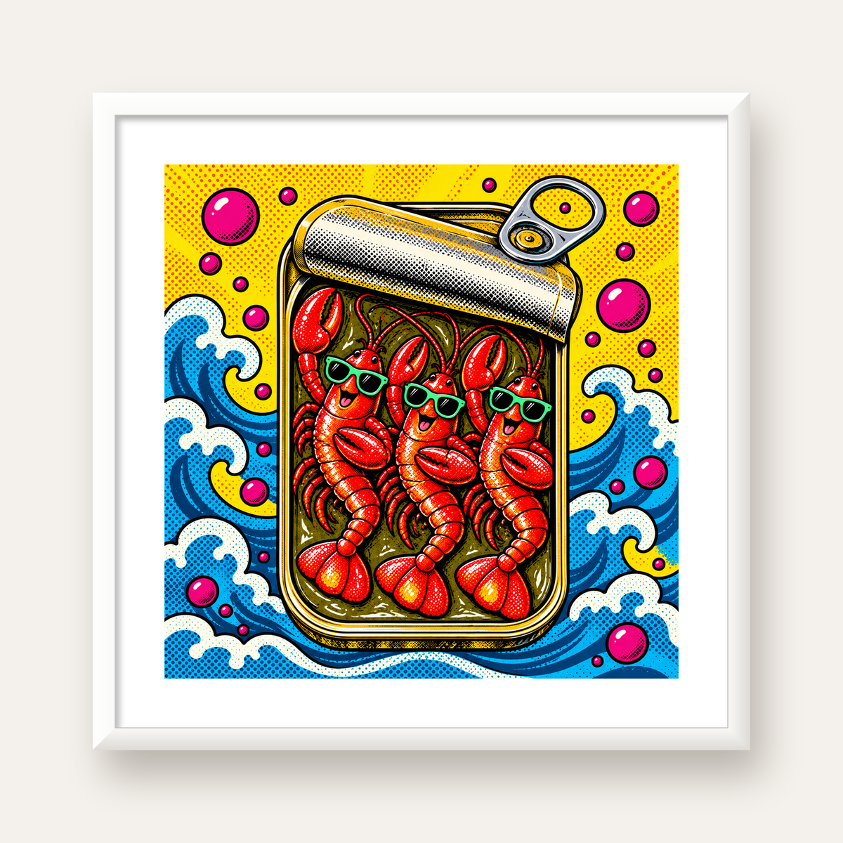 Renkli Pop Art Istakoz Konserve Poster – Eğlenceli Duvar Dekoru — beyaz çerçeveli kare poster