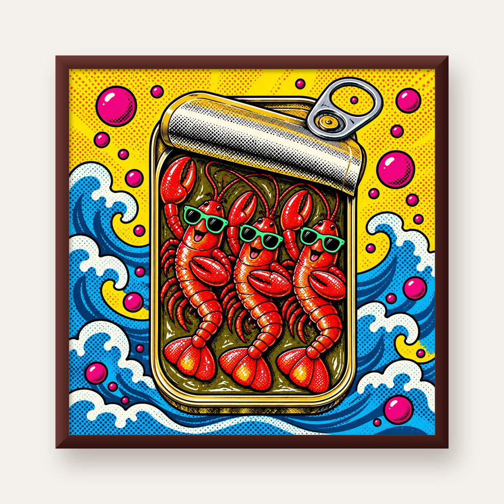 Renkli Pop Art Istakoz Konserve Poster – Eğlenceli Duvar Dekoru — ceviz çerçeveli
