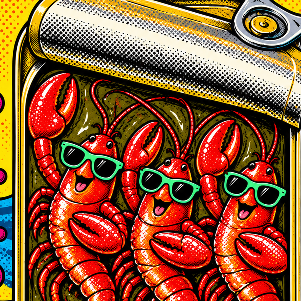 Renkli Pop Art Istakoz Konserve Poster – Eğlenceli Duvar Dekoru — baskının yakın çekimi, kâğıt dokusu ve renk detayı