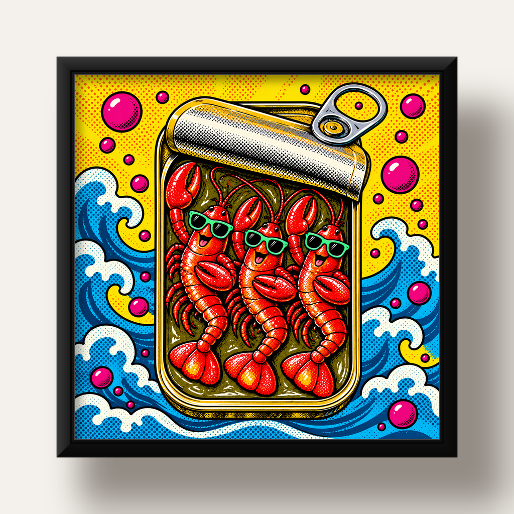 Renkli Pop Art Istakoz Konserve Poster – Eğlenceli Duvar Dekoru — siyah derin çerçeveli