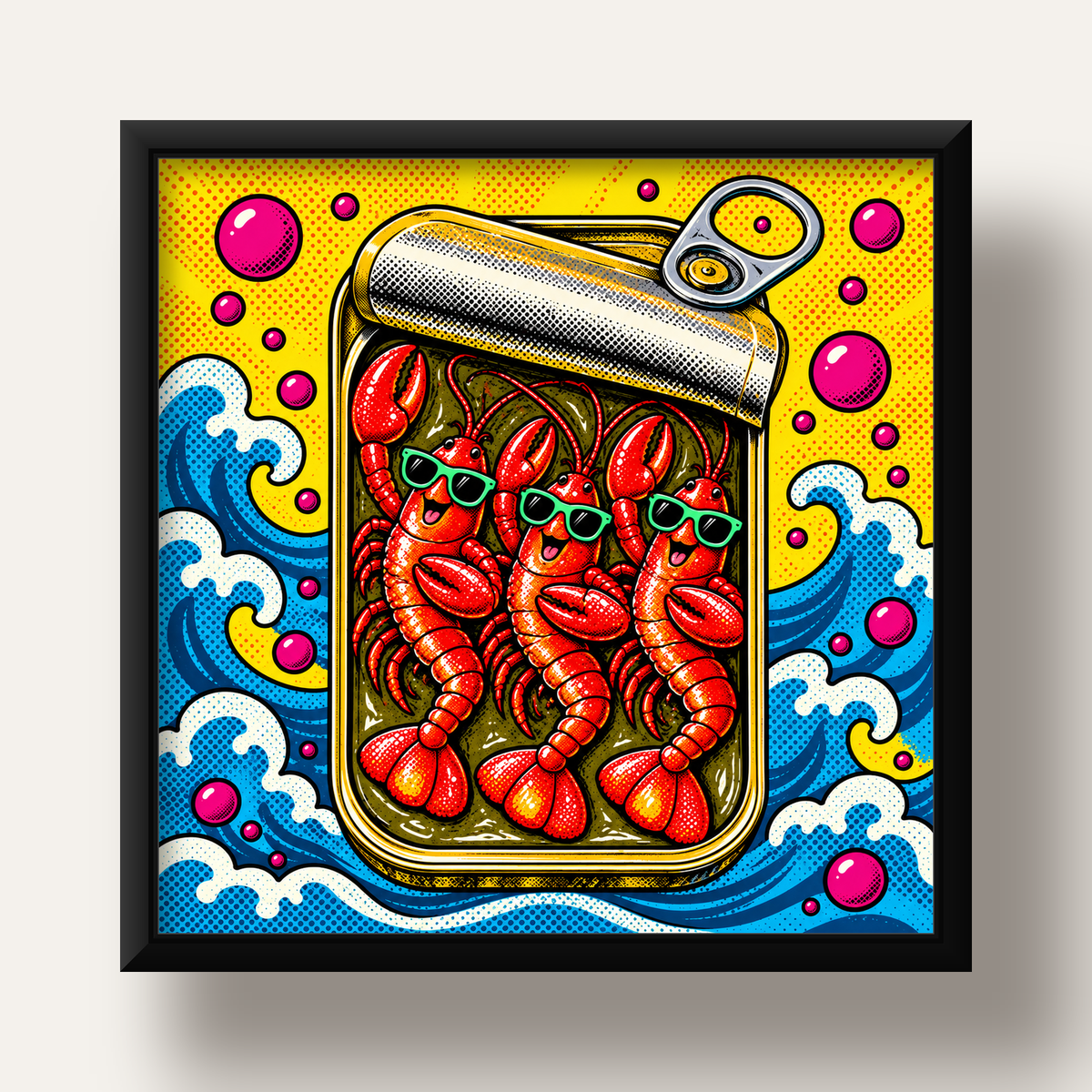 Renkli Pop Art Istakoz Konserve Poster – Eğlenceli Duvar Dekoru — siyah derin çerçeveli