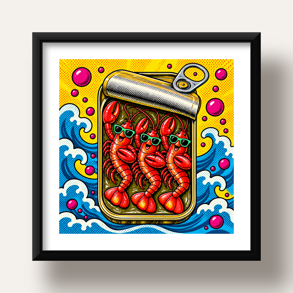 Renkli Pop Art Istakoz Konserve Poster – Eğlenceli Duvar Dekoru — siyah derin çerçeveli paspartulu