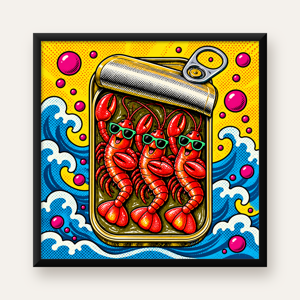 Renkli Pop Art Istakoz Konserve Poster – Eğlenceli Duvar Dekoru — Kare baskı, düz siyah çerçeveli duvar posteri