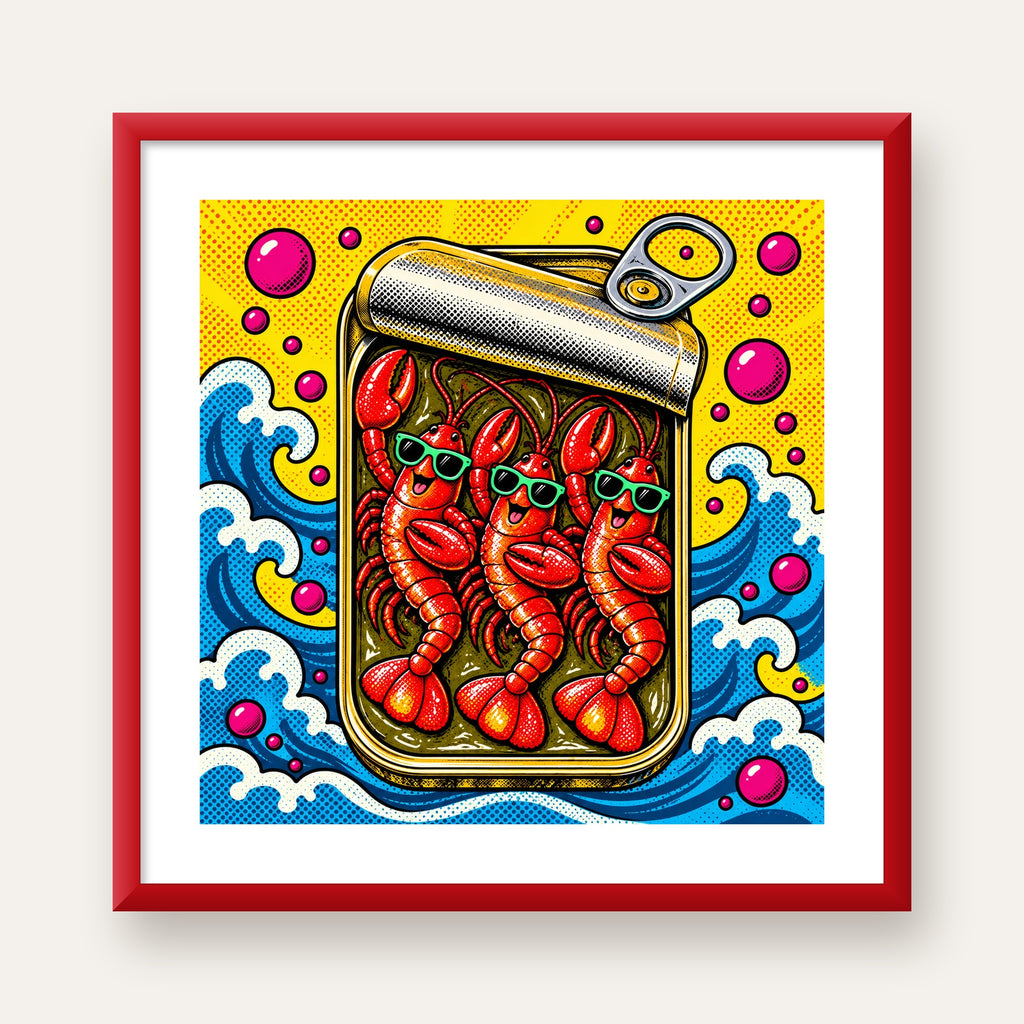 Renkli Pop Art Istakoz Konserve Poster – Eğlenceli Duvar Dekoru — kırmızı çerçeveli paspartulu
