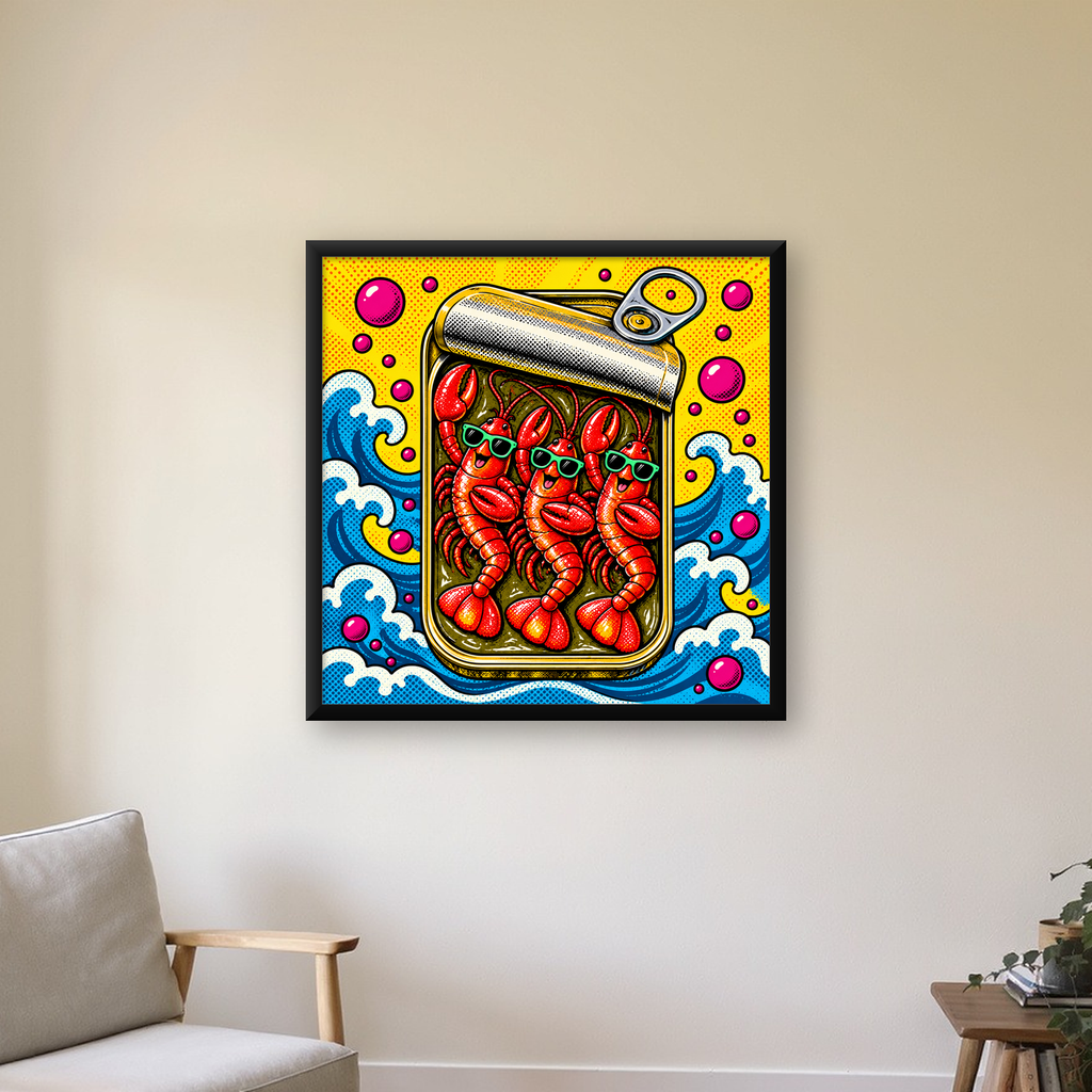 Renkli Pop Art Istakoz Konserve Poster – Eğlenceli Duvar Dekoru — Kare baskı, çerçeveli hâliyle bir ev duvarında