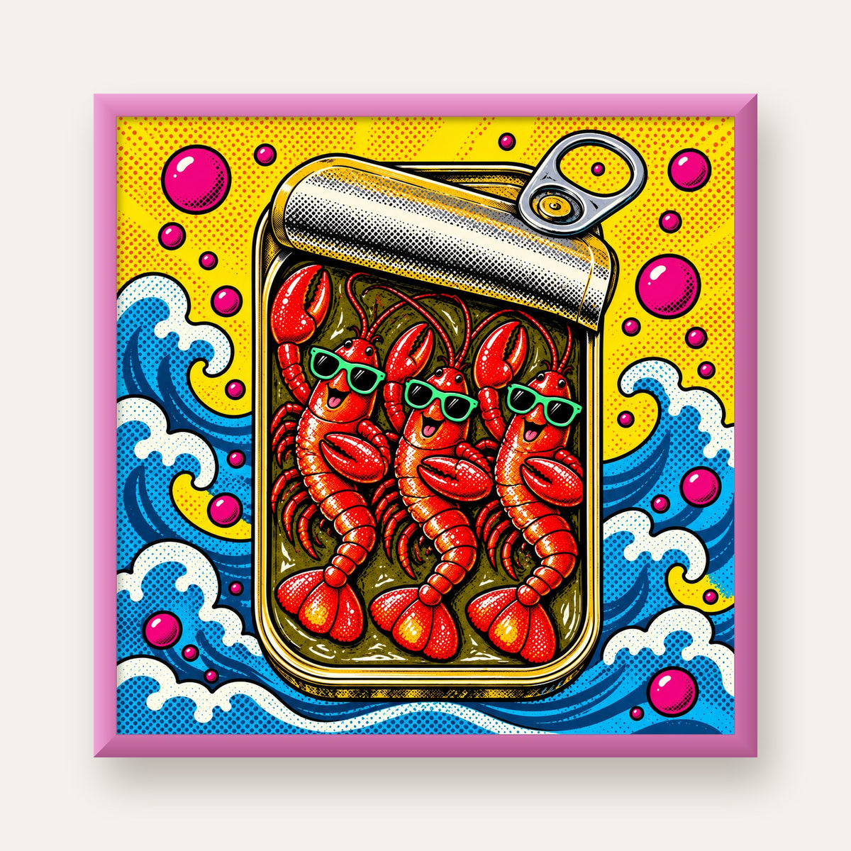 Renkli Pop Art Istakoz Konserve Poster – Eğlenceli Duvar Dekoru — pembe çerçeveli