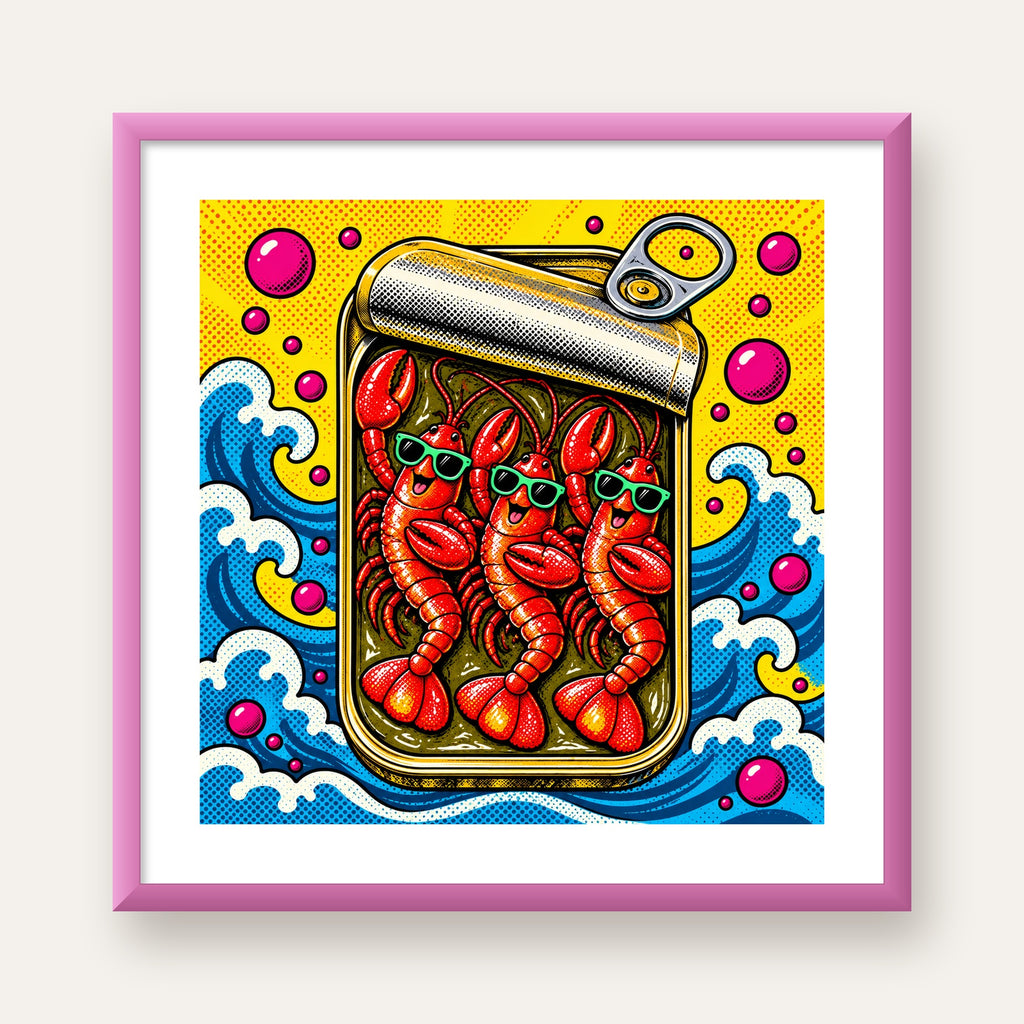 Renkli Pop Art Istakoz Konserve Poster – Eğlenceli Duvar Dekoru — pembe çerçeveli paspartulu