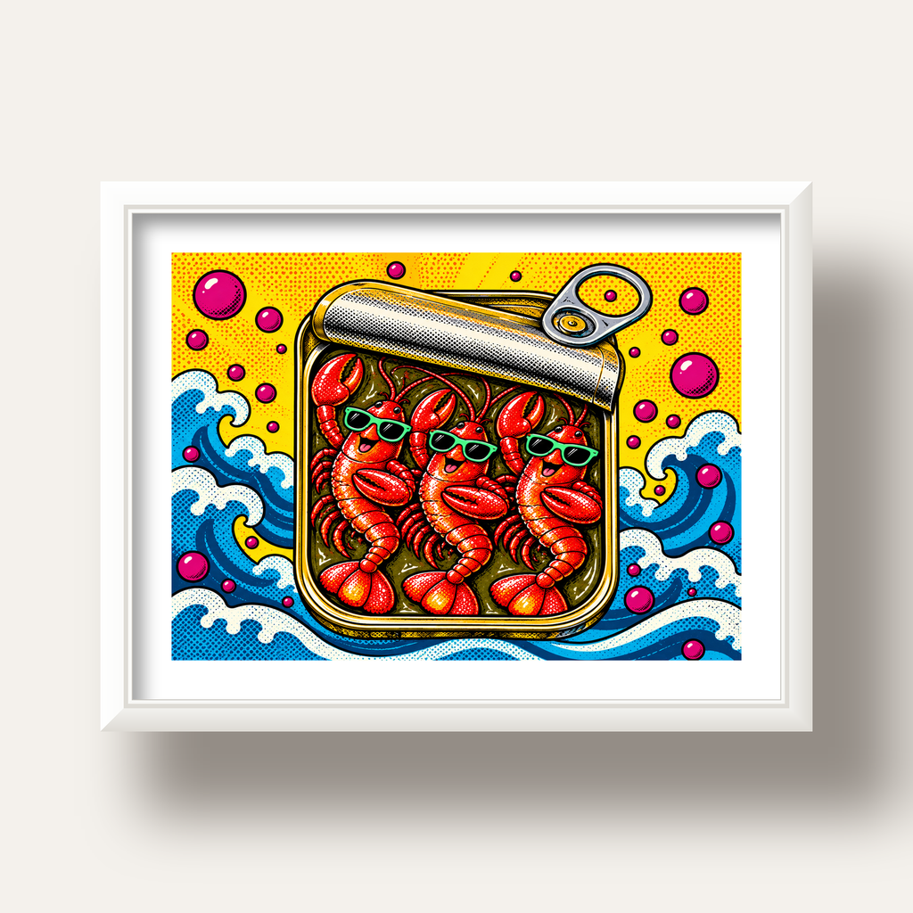 Renkli Pop Art Istakoz Konserve Poster – Eğlenceli Duvar Dekoru — beyaz derin çerçeveli paspartulu