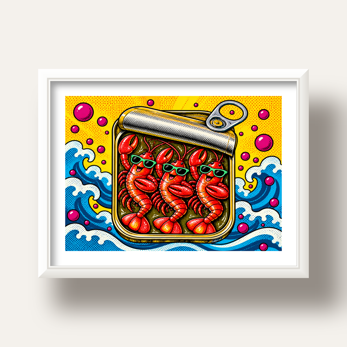 Renkli Pop Art Istakoz Konserve Poster – Eğlenceli Duvar Dekoru — beyaz derin çerçeveli paspartulu