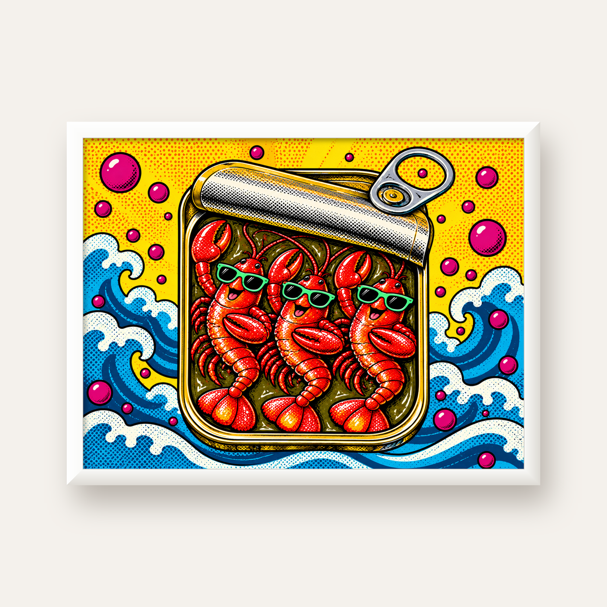 Renkli Pop Art Istakoz Konserve Poster – Eğlenceli Duvar Dekoru — beyaz çerçeveli yatay poster