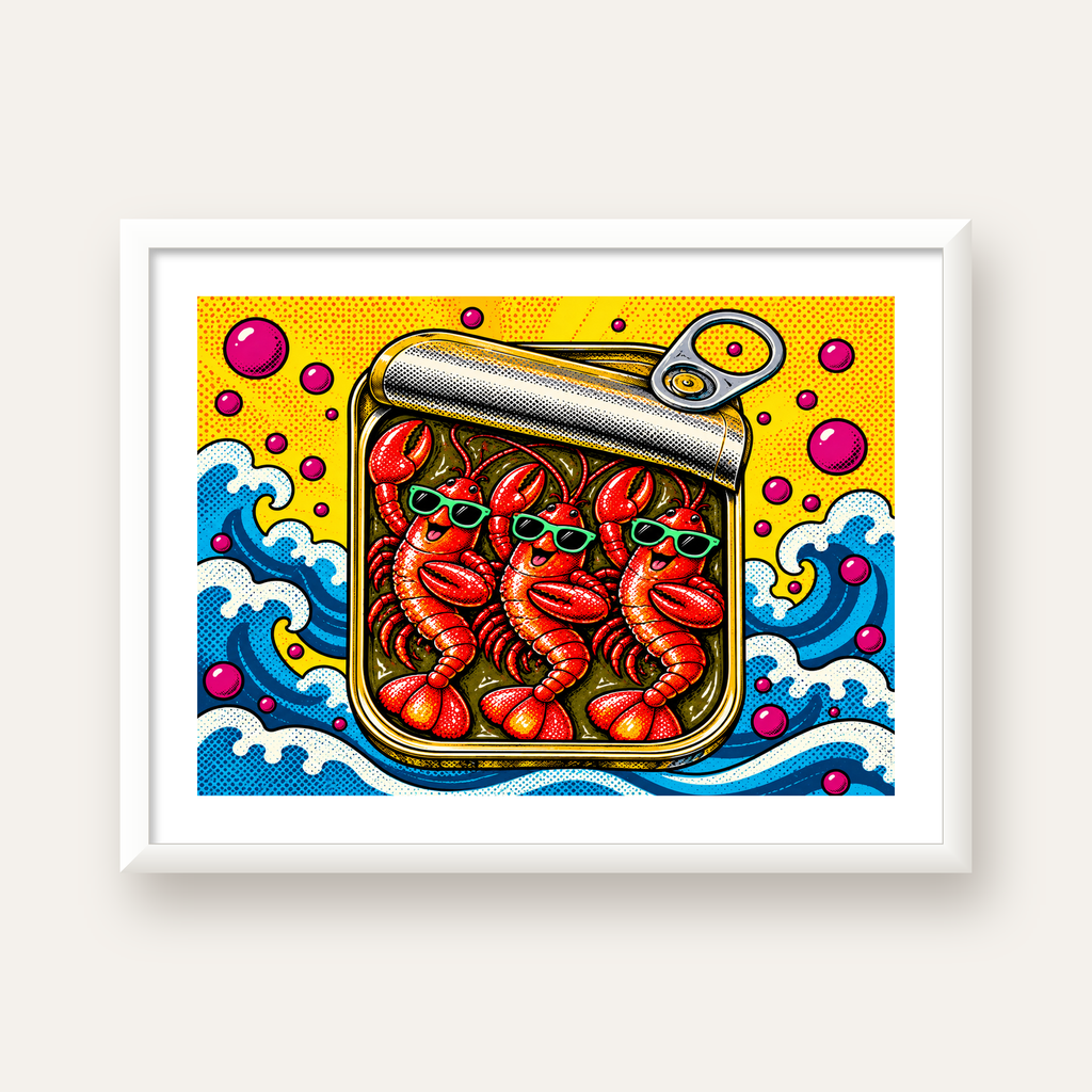 Renkli Pop Art Istakoz Konserve Poster – Eğlenceli Duvar Dekoru — beyaz çerçeveli yatay poster