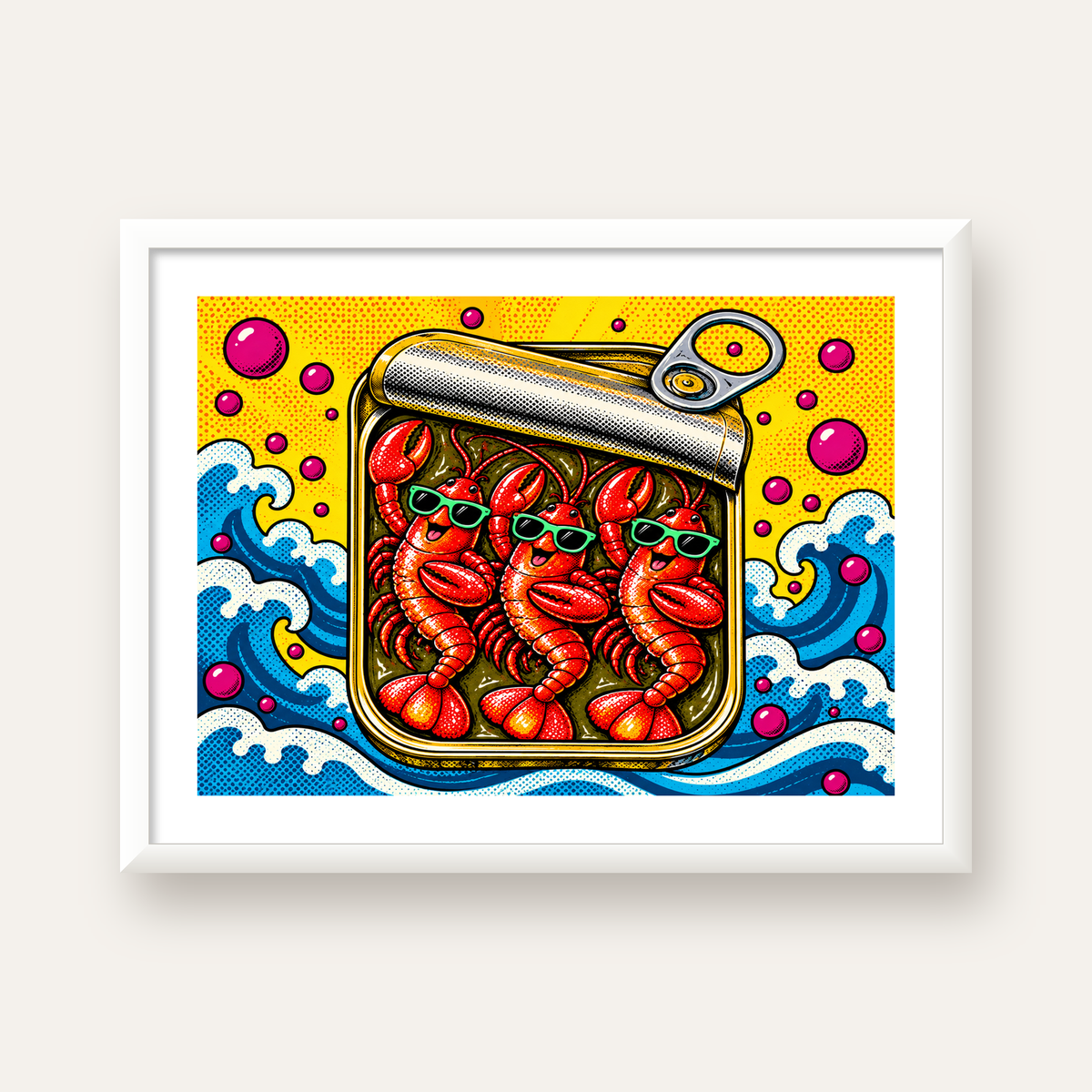 Renkli Pop Art Istakoz Konserve Poster – Eğlenceli Duvar Dekoru — beyaz çerçeveli yatay poster