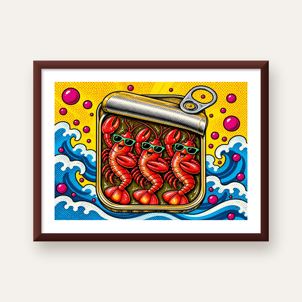 Renkli Pop Art Istakoz Konserve Poster – Eğlenceli Duvar Dekoru — ceviz çerçeveli paspartulu