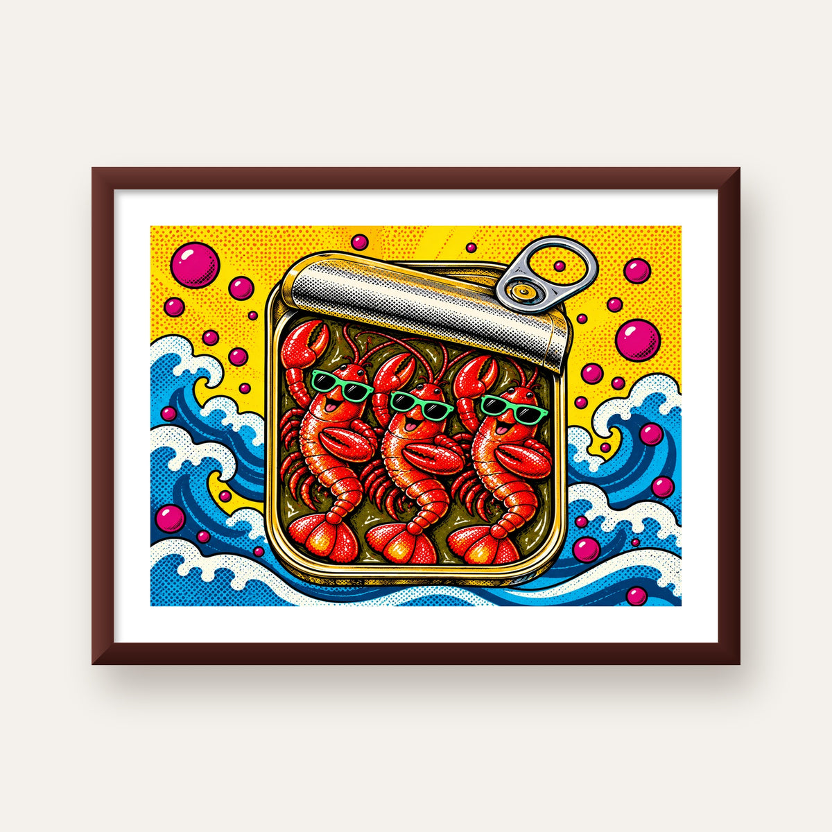 Renkli Pop Art Istakoz Konserve Poster – Eğlenceli Duvar Dekoru — ceviz çerçeveli paspartulu
