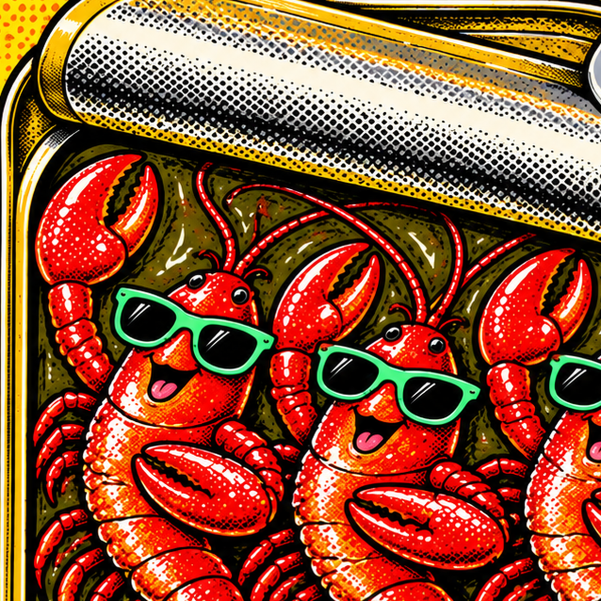 Renkli Pop Art Istakoz Konserve Poster – Eğlenceli Duvar Dekoru — baskının yakın çekimi, kâğıt dokusu ve renk detayı