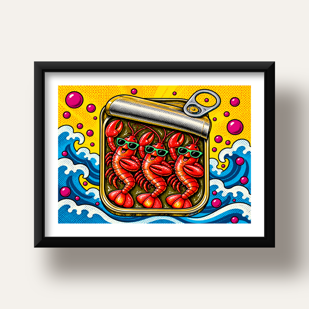Renkli Pop Art Istakoz Konserve Poster – Eğlenceli Duvar Dekoru — siyah derin çerçeveli paspartulu