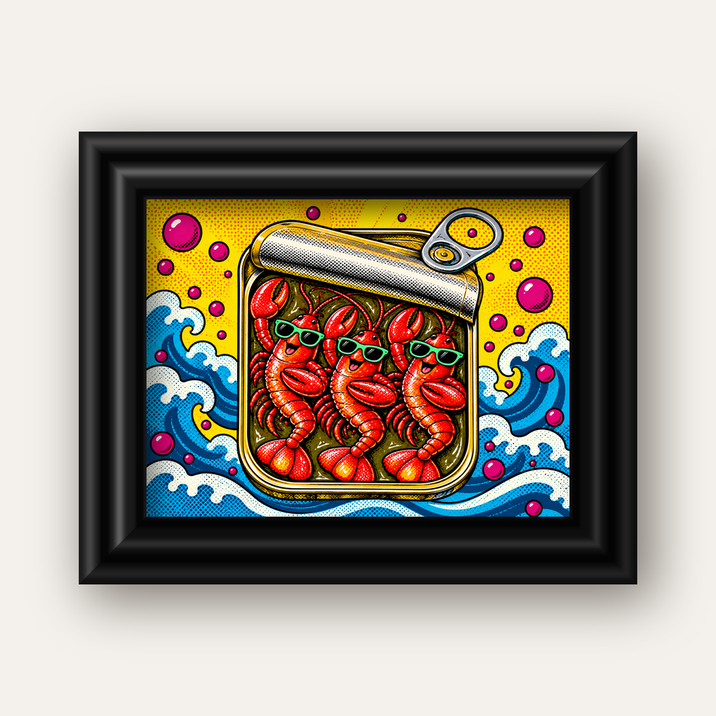 Renkli Pop Art Istakoz Konserve Poster – Eğlenceli Duvar Dekoru — siyah galeri çerçeveli