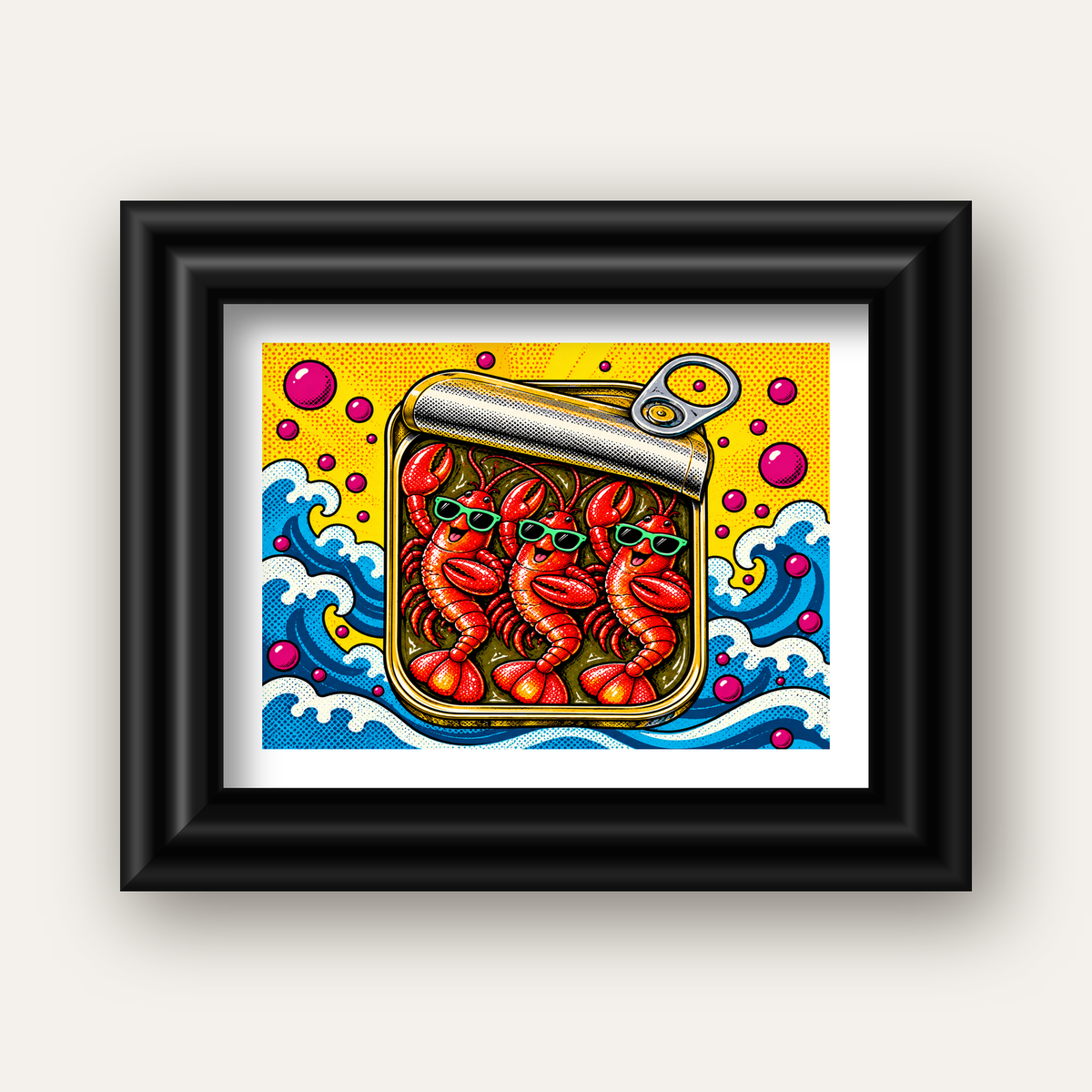 Renkli Pop Art Istakoz Konserve Poster – Eğlenceli Duvar Dekoru — siyah galeri çerçeveli paspartulu