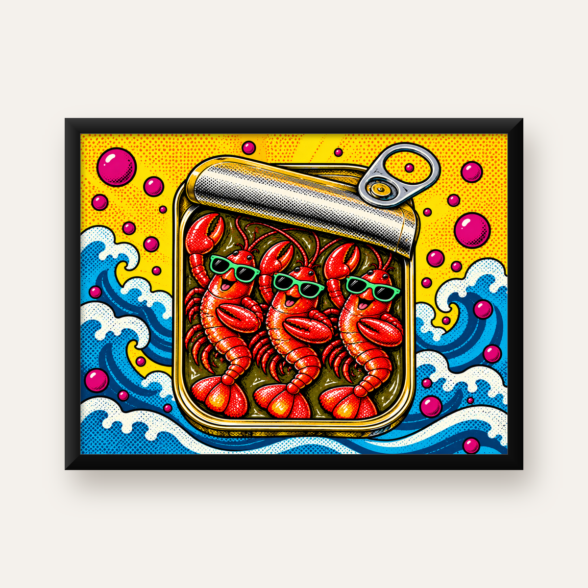 Renkli Pop Art Istakoz Konserve Poster – Eğlenceli Duvar Dekoru — Yatay baskı, düz siyah çerçeveli duvar posteri