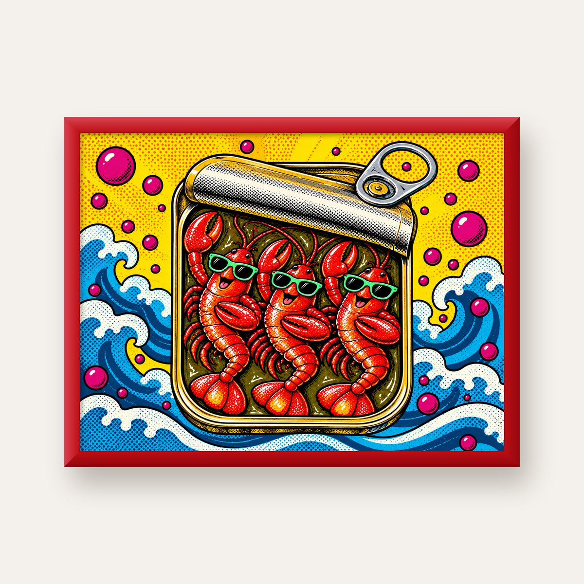 Renkli Pop Art Istakoz Konserve Poster – Eğlenceli Duvar Dekoru — kırmızı çerçeveli