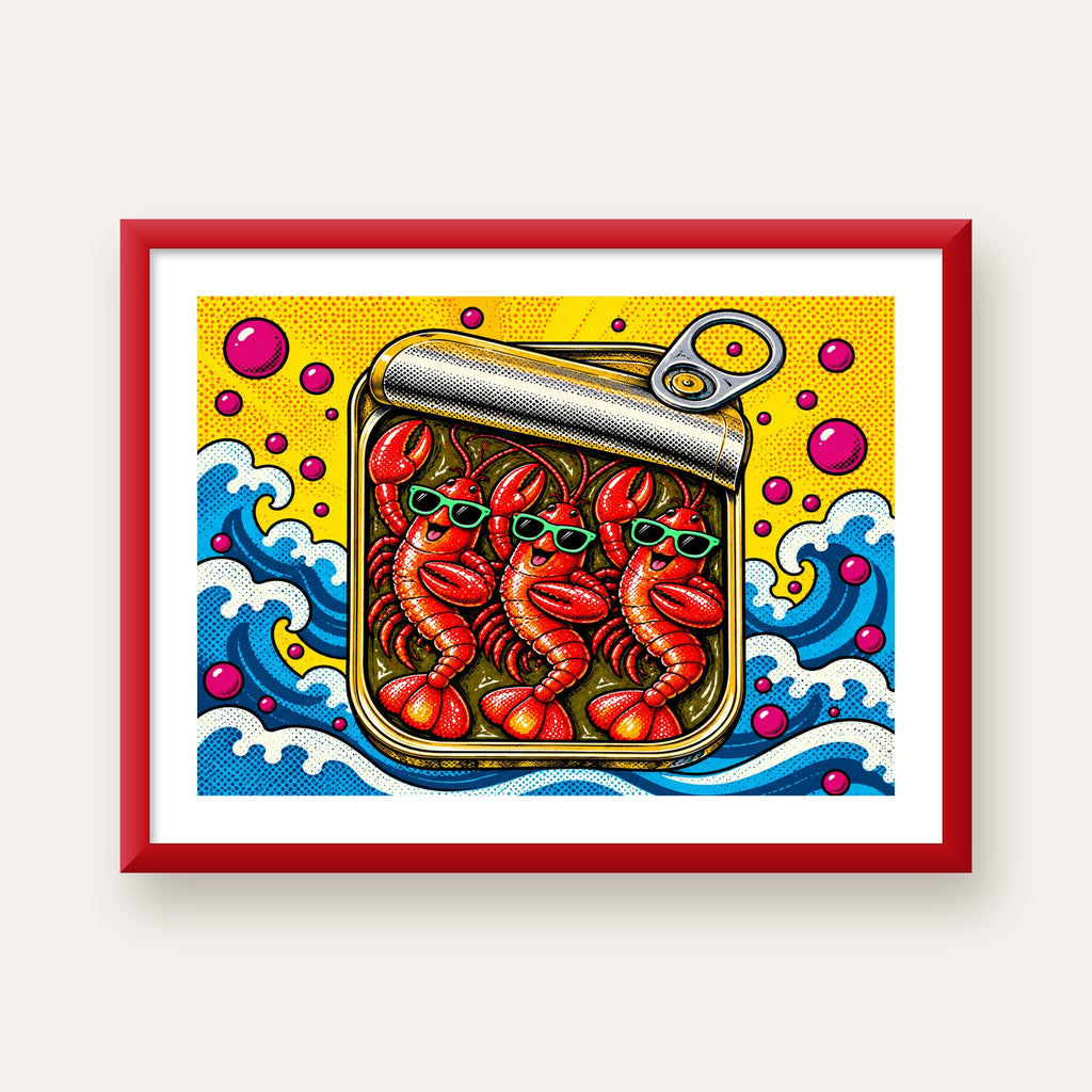 Renkli Pop Art Istakoz Konserve Poster – Eğlenceli Duvar Dekoru — kırmızı çerçeveli paspartulu