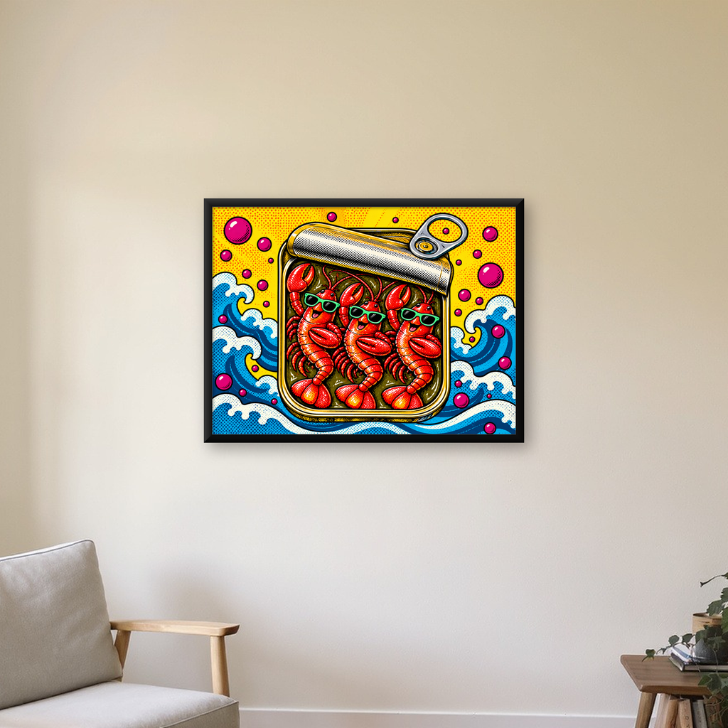 Renkli Pop Art Istakoz Konserve Poster – Eğlenceli Duvar Dekoru — Yatay baskı, çerçeveli hâliyle bir ev duvarında