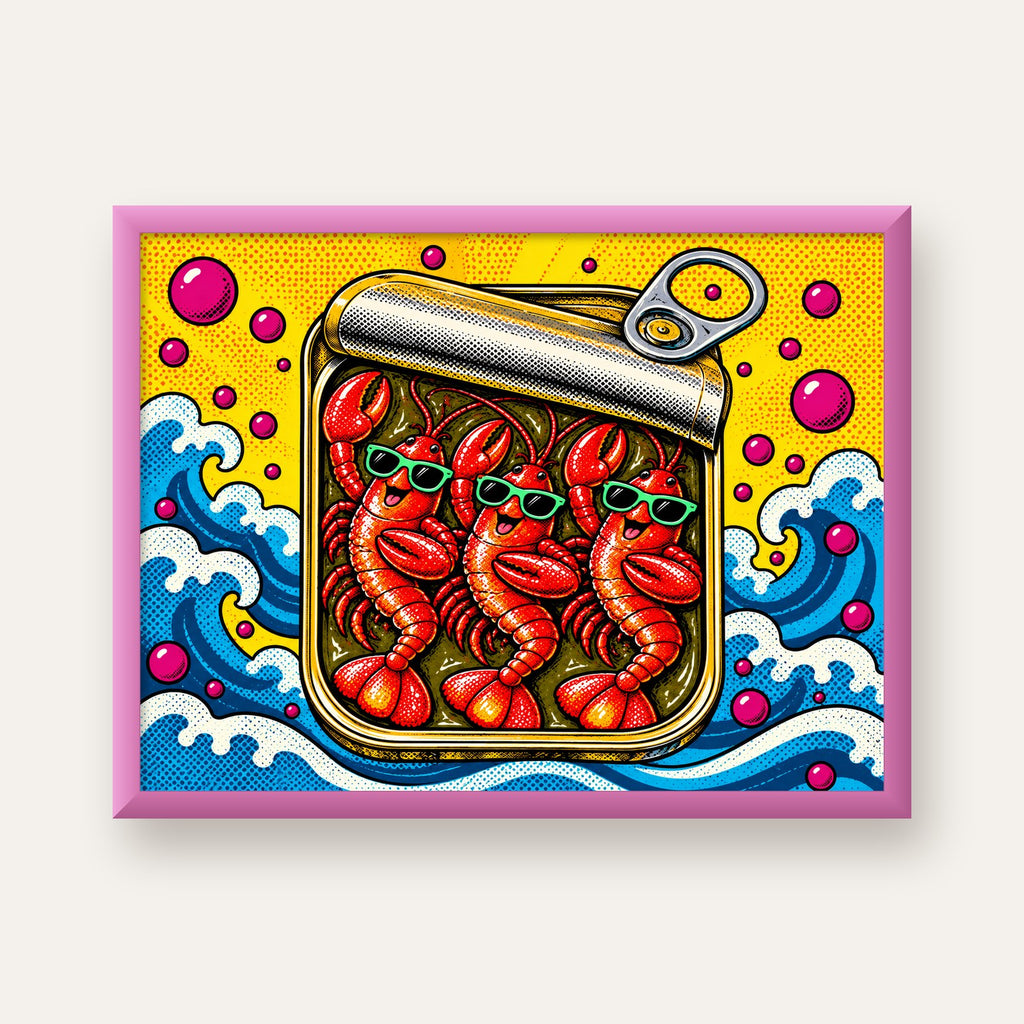 Renkli Pop Art Istakoz Konserve Poster – Eğlenceli Duvar Dekoru — pembe çerçeveli