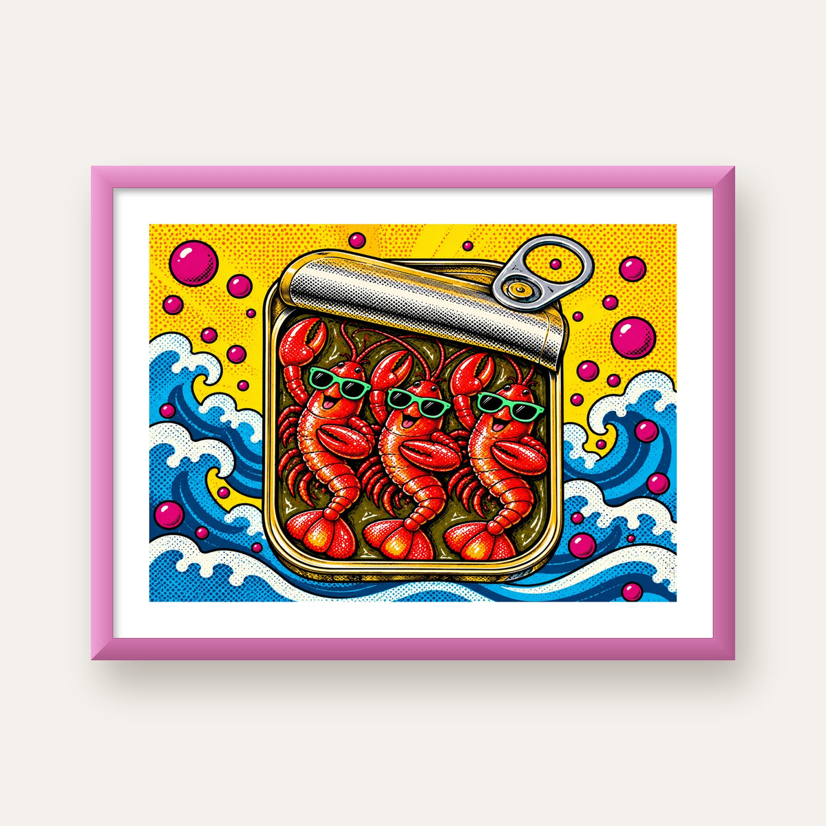 Renkli Pop Art Istakoz Konserve Poster – Eğlenceli Duvar Dekoru — pembe çerçeveli paspartulu