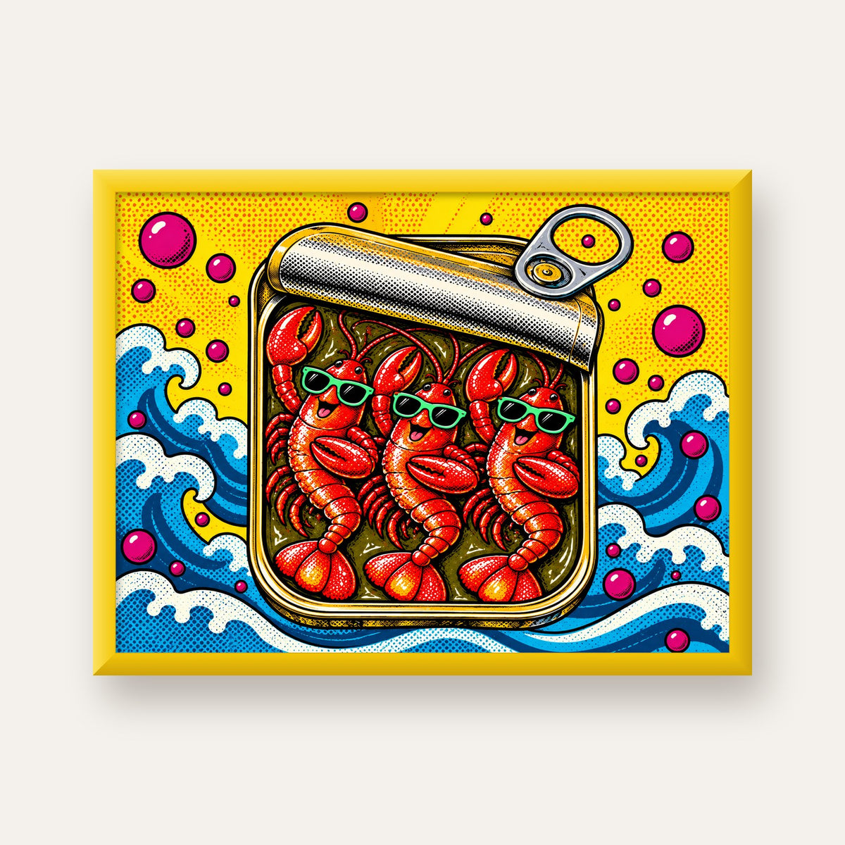 Renkli Pop Art Istakoz Konserve Poster – Eğlenceli Duvar Dekoru — sarı çerçeveli