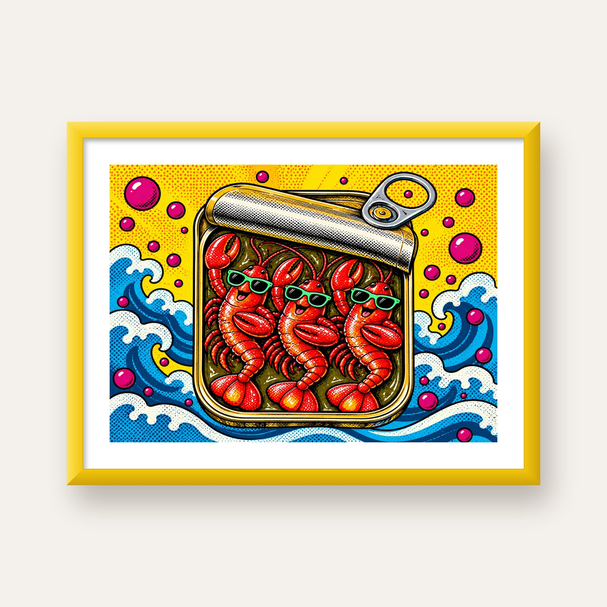 Renkli Pop Art Istakoz Konserve Poster – Eğlenceli Duvar Dekoru — sarı çerçeveli paspartulu