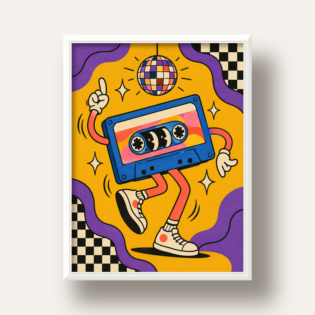 Dans Eden Retro Disco Kaset Dijital Poster – Renkli Duvar Dekoru — beyaz derin çerçeveli