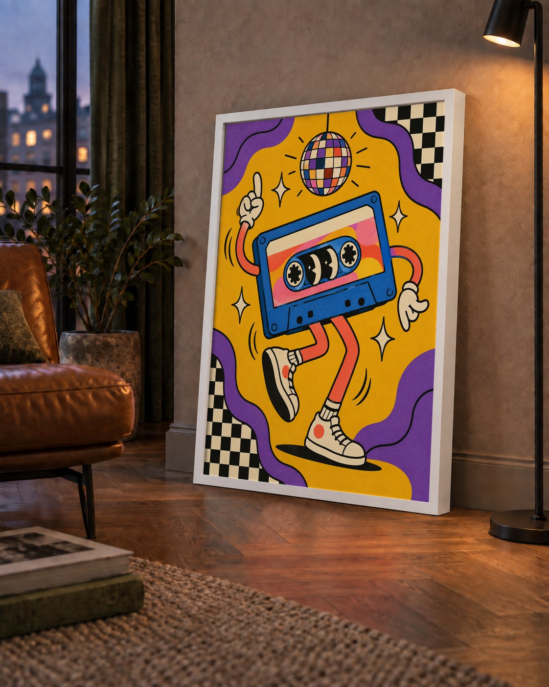 Dans Eden Retro Disco Kaset Dijital Poster – Renkli Duvar Dekoru — çerçeveli hâliyle bir ev duvarında