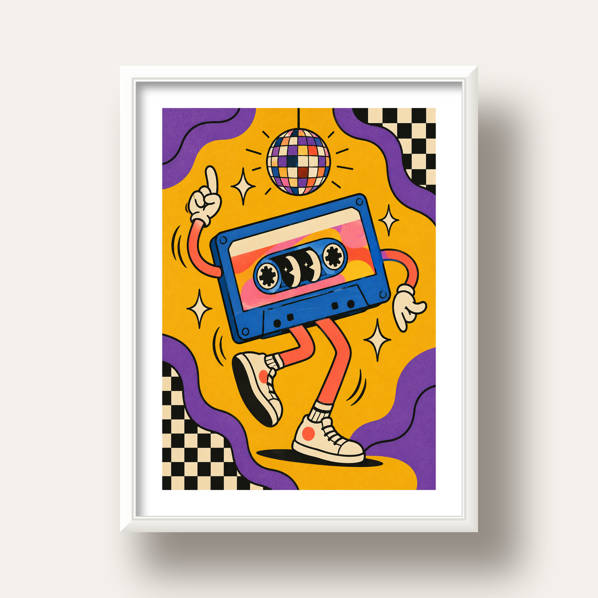 Dans Eden Retro Disco Kaset Dijital Poster – Renkli Duvar Dekoru — beyaz derin çerçeveli paspartulu