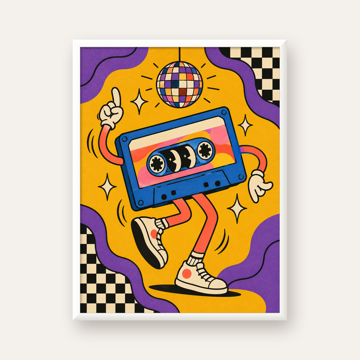 Dans Eden Retro Disco Kaset Dijital Poster – Renkli Duvar Dekoru — beyaz çerçeveli dikey poster