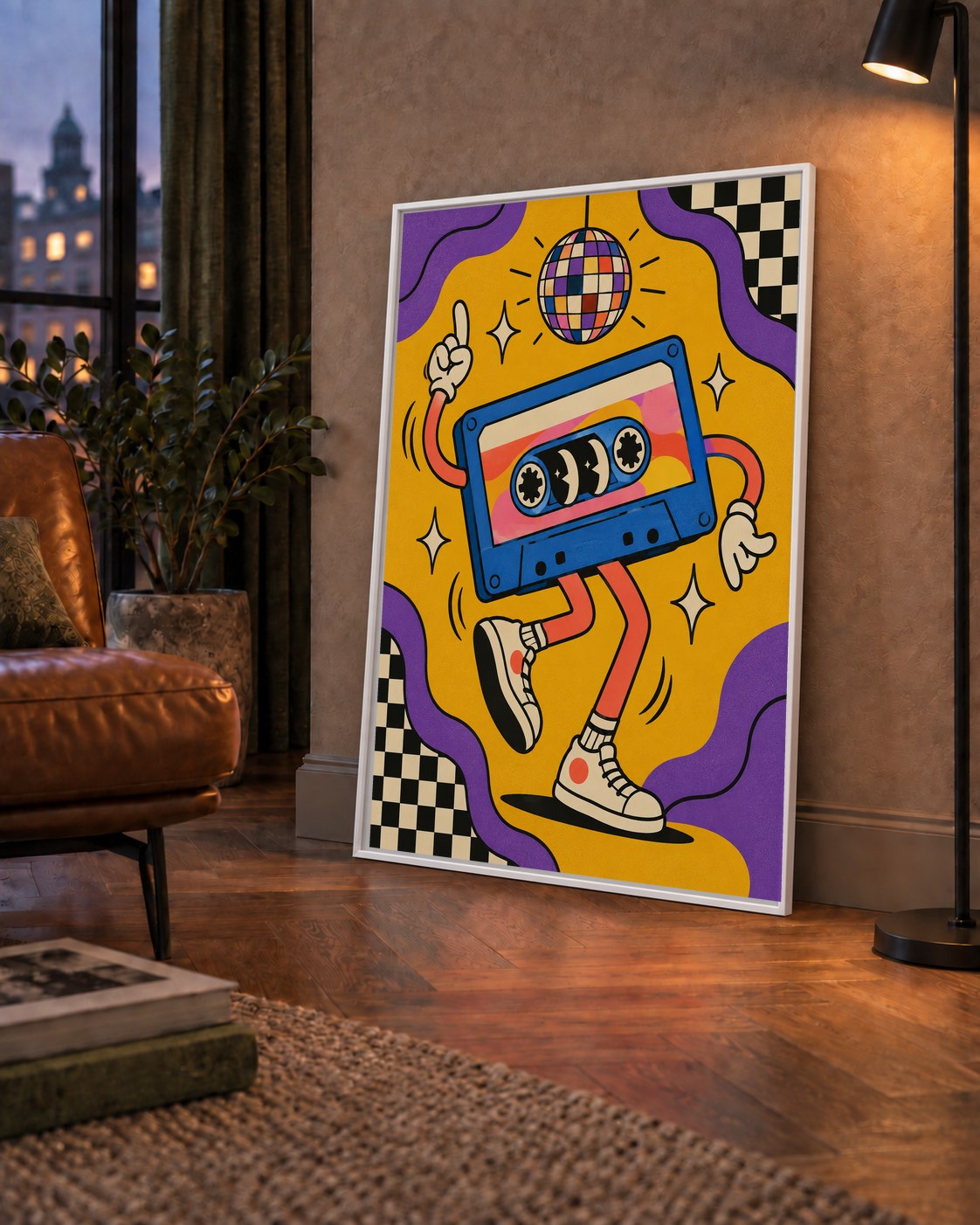 Dans Eden Retro Disco Kaset Dijital Poster – Renkli Duvar Dekoru — çerçeveli hâliyle bir ev duvarında