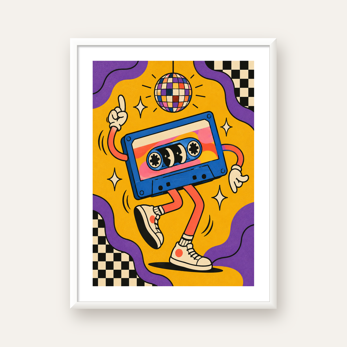 Dans Eden Retro Disco Kaset Dijital Poster – Renkli Duvar Dekoru — beyaz çerçeveli dikey poster