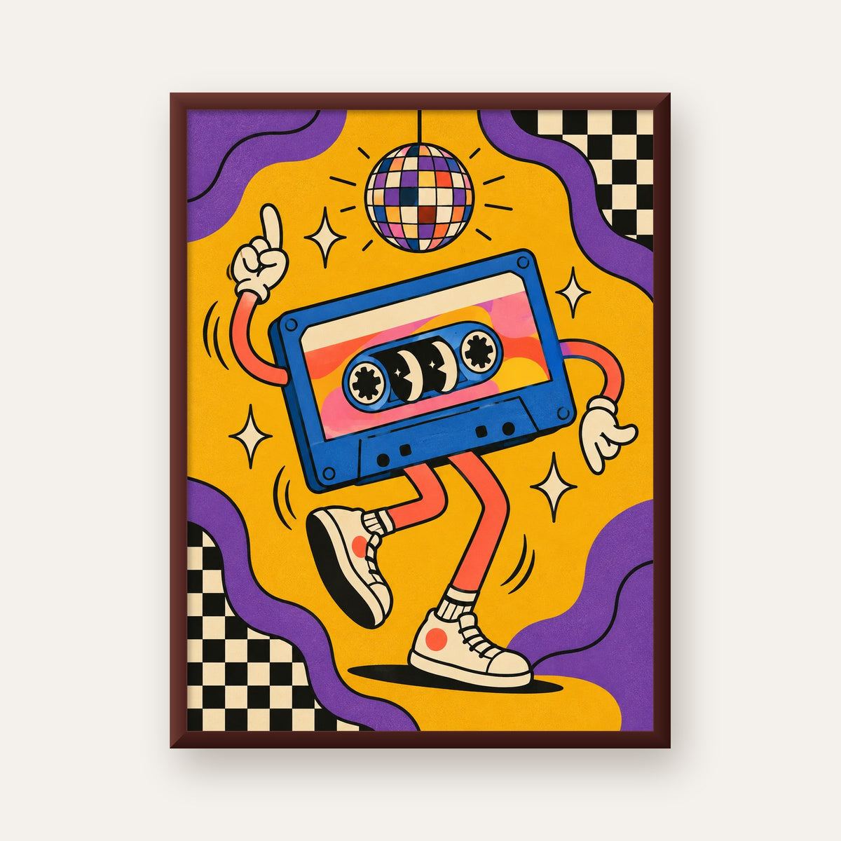 Dans Eden Retro Disco Kaset Dijital Poster – Renkli Duvar Dekoru — ceviz çerçeveli