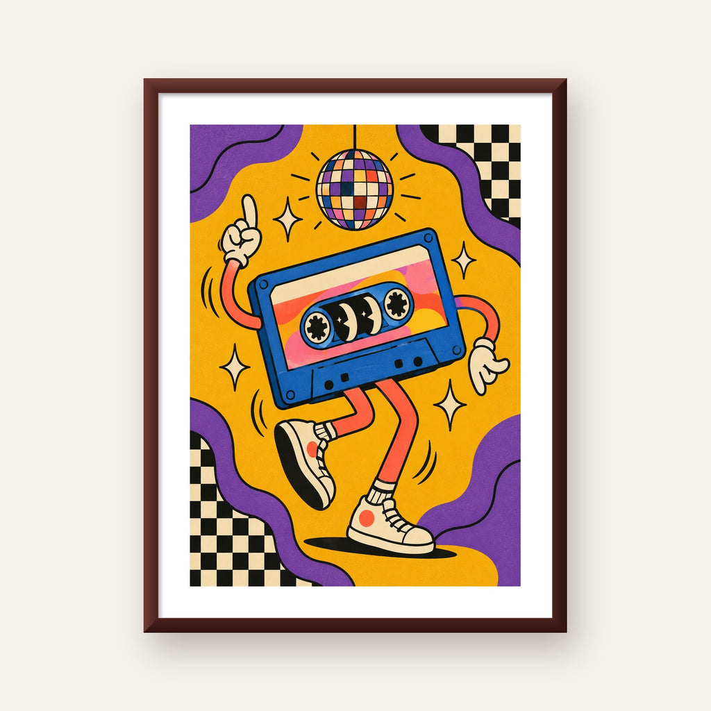 Dans Eden Retro Disco Kaset Dijital Poster – Renkli Duvar Dekoru — ceviz çerçeveli paspartulu