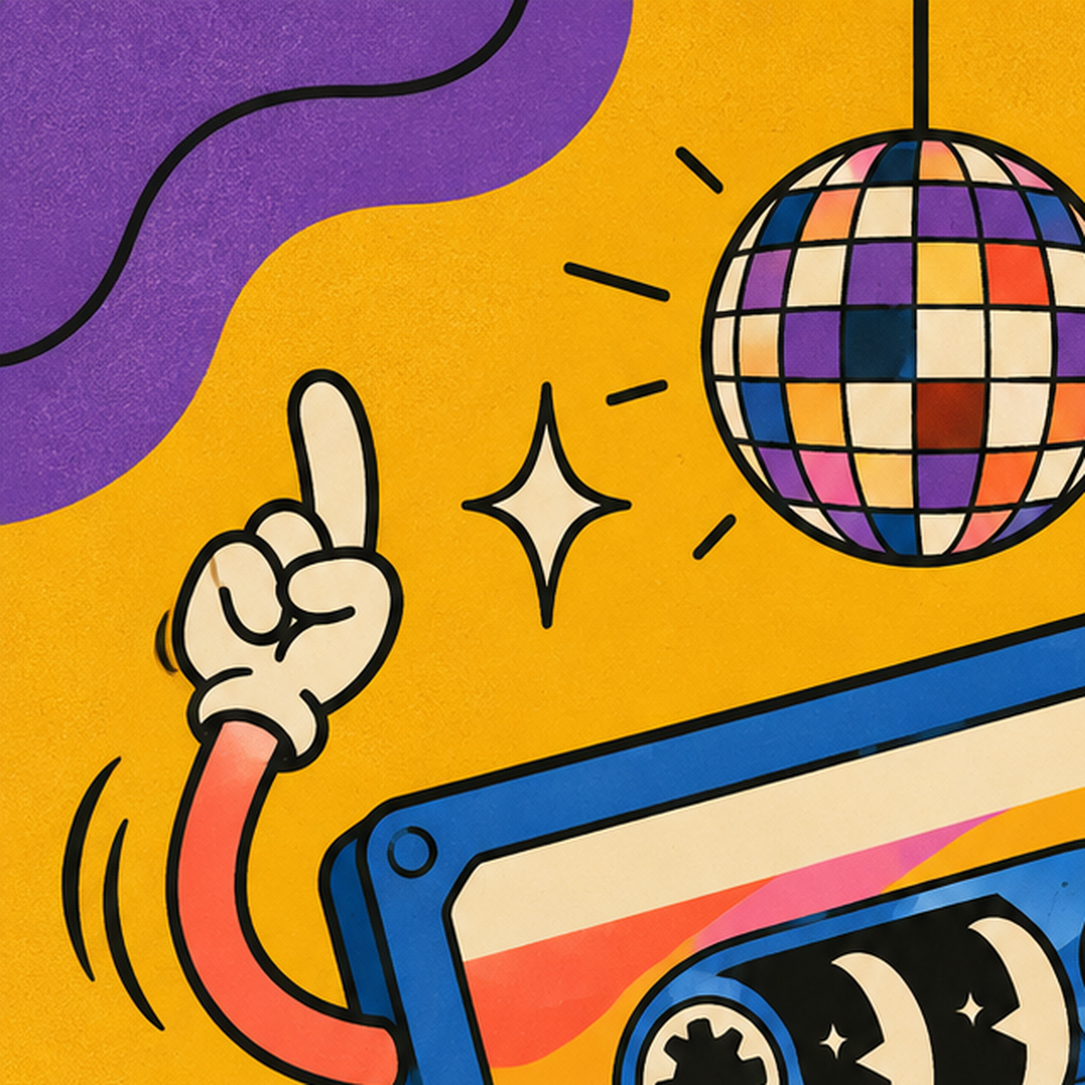 Dans Eden Retro Disco Kaset Dijital Poster – Renkli Duvar Dekoru — baskının yakın çekimi, kâğıt dokusu ve renk detayı