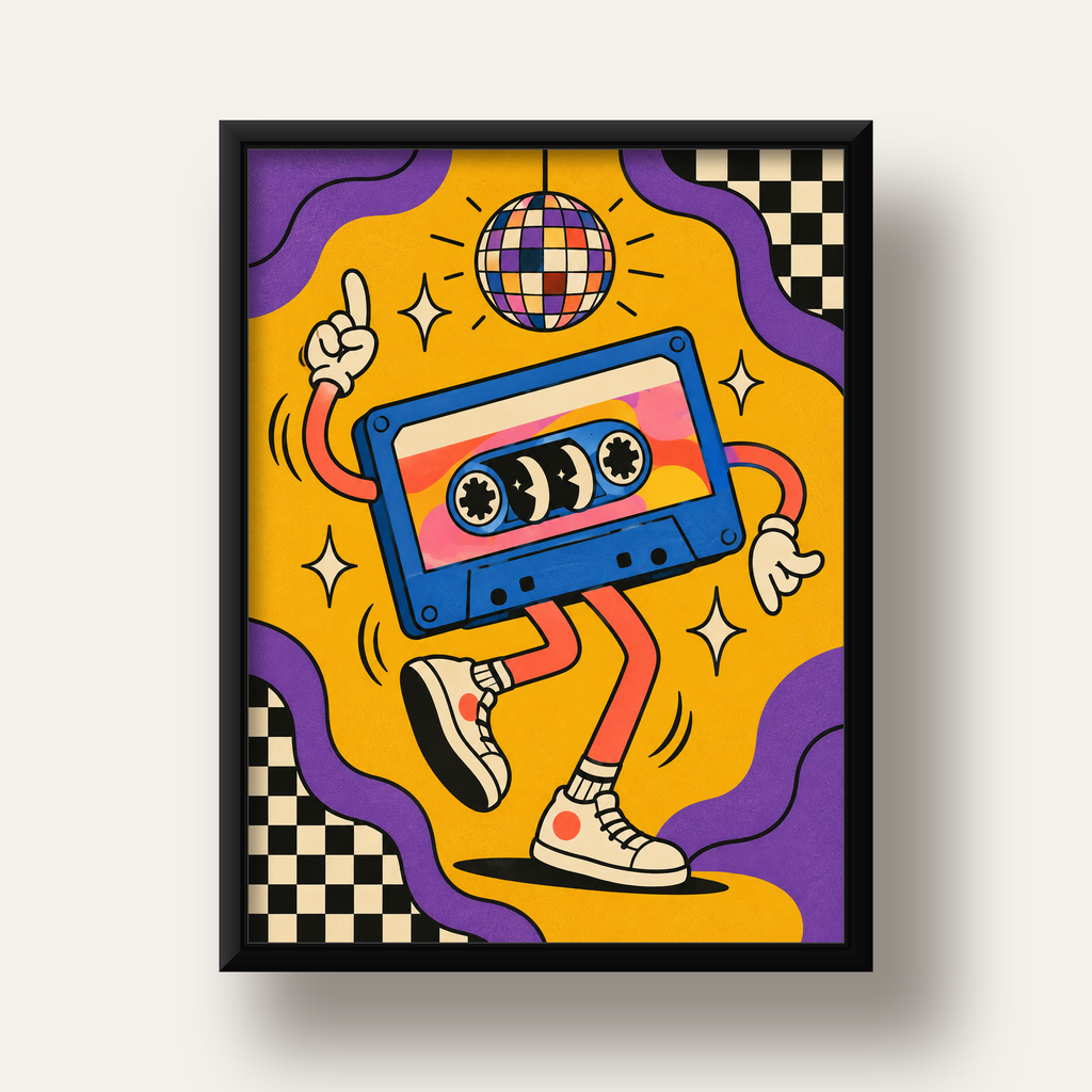Dans Eden Retro Disco Kaset Dijital Poster – Renkli Duvar Dekoru — siyah derin çerçeveli