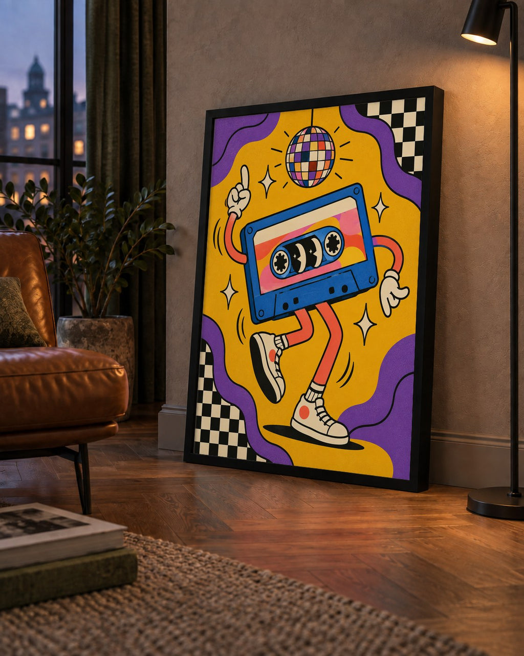 Dans Eden Retro Disco Kaset Dijital Poster – Renkli Duvar Dekoru — çerçeveli hâliyle bir ev duvarında