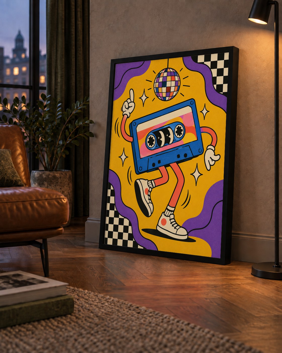 Dans Eden Retro Disco Kaset Dijital Poster – Renkli Duvar Dekoru — çerçeveli hâliyle bir ev duvarında