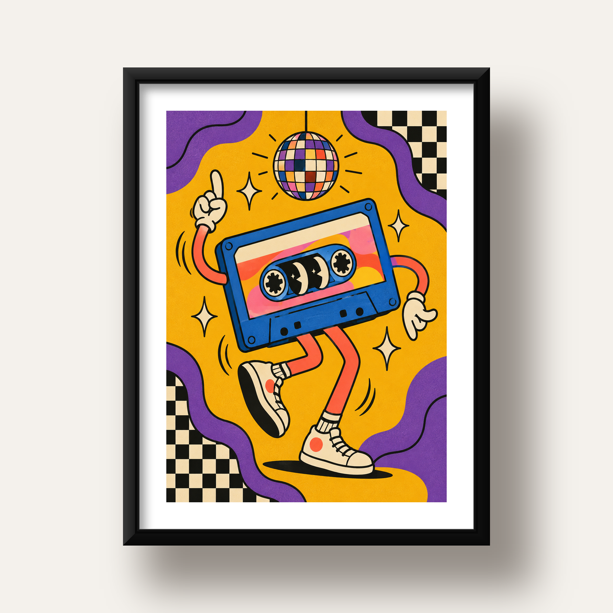 Dans Eden Retro Disco Kaset Dijital Poster – Renkli Duvar Dekoru — siyah derin çerçeveli paspartulu