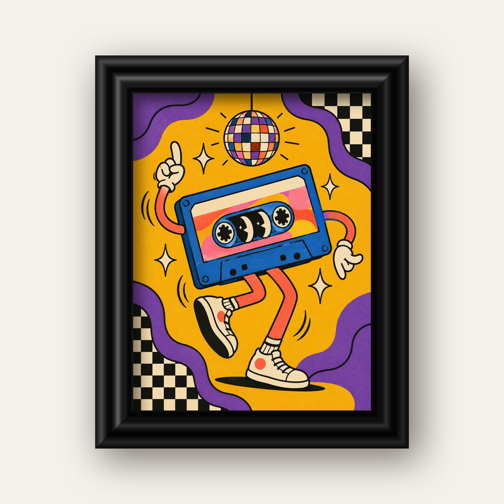 Dans Eden Retro Disco Kaset Dijital Poster – Renkli Duvar Dekoru — siyah galeri çerçeveli