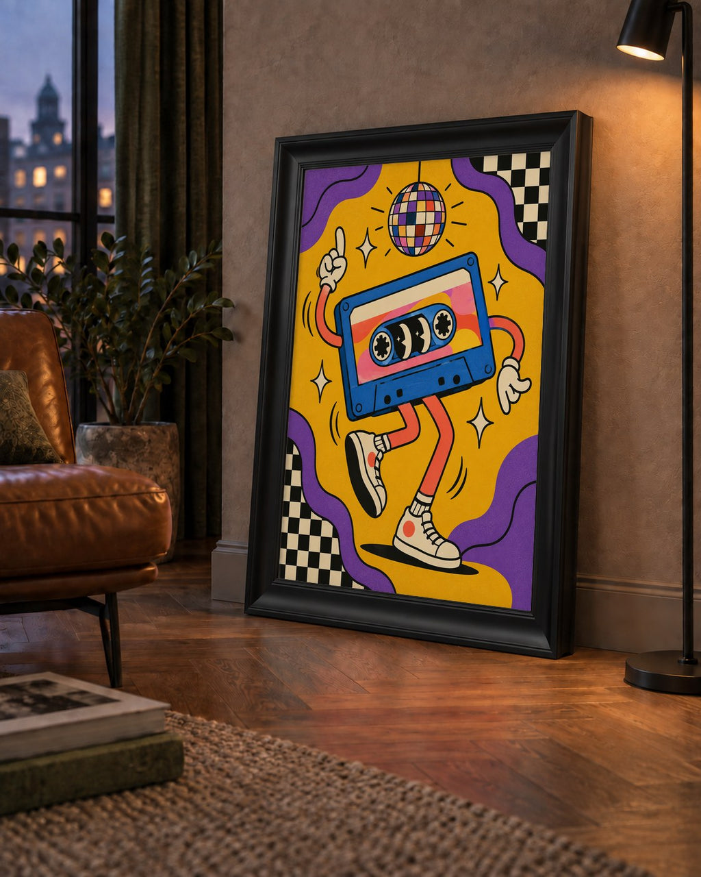 Dans Eden Retro Disco Kaset Dijital Poster – Renkli Duvar Dekoru — çerçeveli hâliyle bir ev duvarında