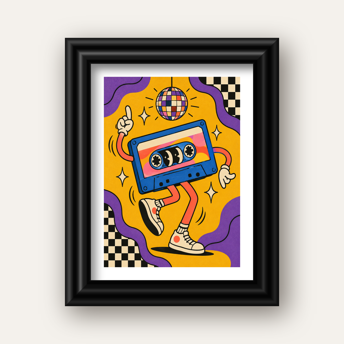 Dans Eden Retro Disco Kaset Dijital Poster – Renkli Duvar Dekoru — siyah galeri çerçeveli paspartulu