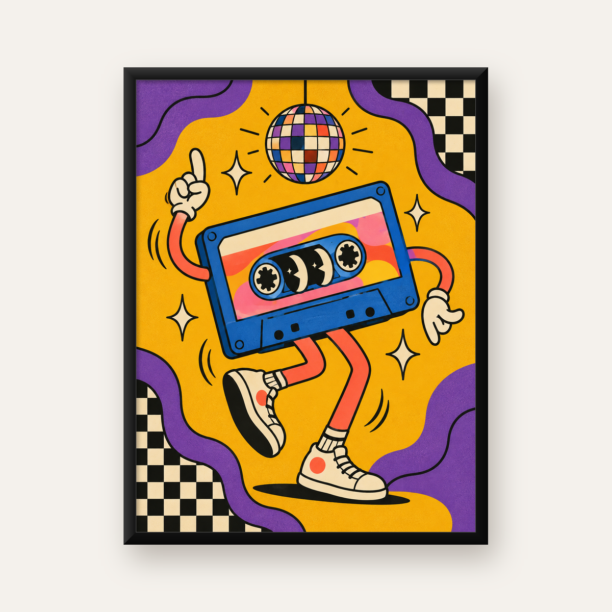 Dans Eden Retro Disco Kaset Dijital Poster – Renkli Duvar Dekoru — Dikey baskı, düz siyah çerçeveli duvar posteri